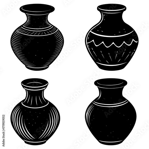 Four different black and white vases with varying designs and shapes on a white background illustration