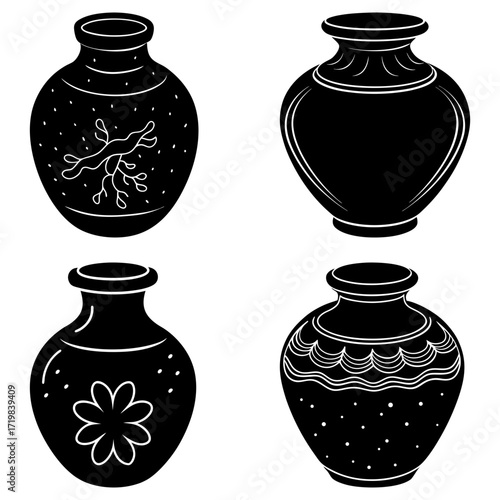 Collection of four black and white decorative vases with different designs and shapes in a square format