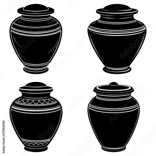 Four black and white urns with lids and decorative bands arranged in a square format on white background