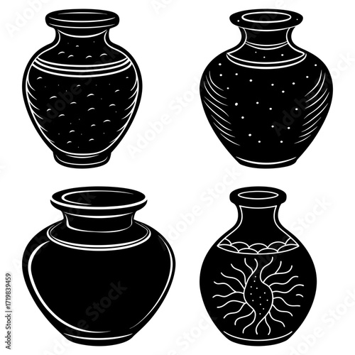 Illustration of four black and white vases with decorative elements in a simple vector style design art
