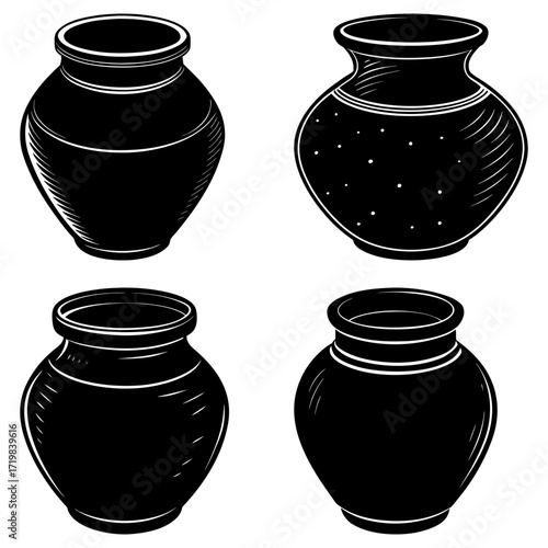 Four black and white drawings of ceramic pots with different designs and shading techniques shown here