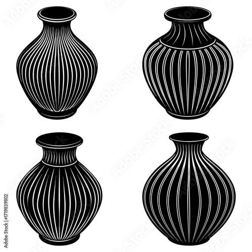 Four black and white vases with vertical lines and round shapes in a symmetrical arrangement design