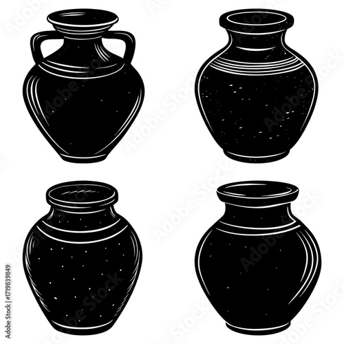 Four black and white vases with unique shapes and designs arranged in a square formation against white