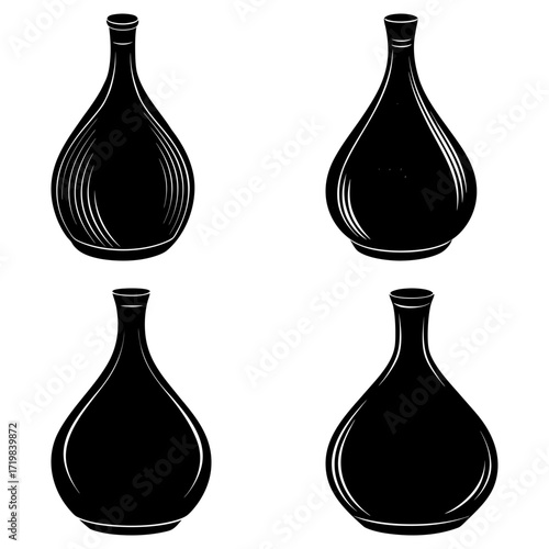 Four black vases with varying designs and textures arranged in a square formation on white background
