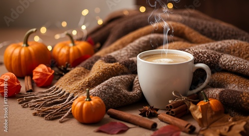 Warm mug of steaming coffee nestled amongst autumnal decor like small pumpkins, cinnamon sticks, and colorful leaves on a cozy plaid blanket, perfect for a relaxing fall day indoors
