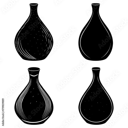 A set of four black and white illustrations of vases with varying textures and shapes on a white background