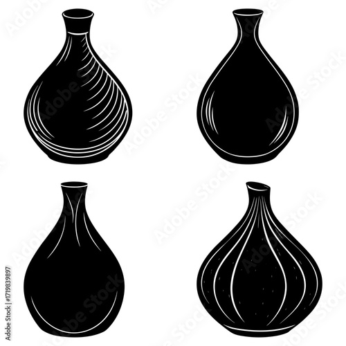 Four stylized black vases with unique designs and shapes arranged in a square pattern on white background