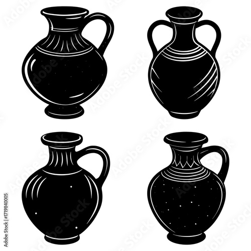 Four black and white illustrations of antique pottery jugs and vases with decorative patterns and handles