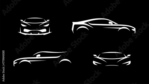 Minimalist car silhouette vector set. Collection of sleek white sports car outlines on a black background
