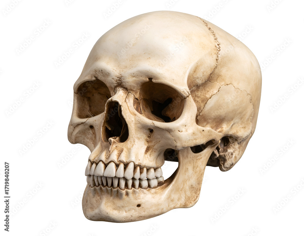 Obraz premium A detailed human skull model showcasing intricate bone structure and dental features for educational purposes.