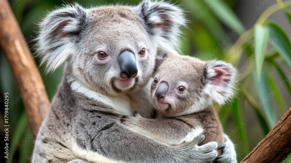 Naklejka premium A heartwarming image of a mother koala bear embracing her baby in a lush eucalyptus forest, showcasing the tender bond between them