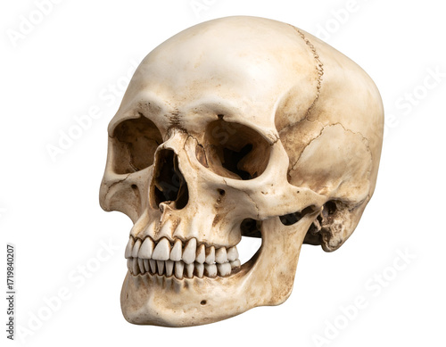 A detailed human skull model showcasing intricate bone structure and dental features for educational purposes.