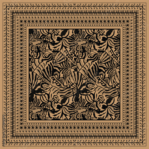 Square intricate decorative black and beige floral scarf pattern with detailed borders, featuring leaves, flowers, and decorative motifs throughout.