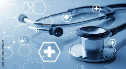 Stunning modern stethoscope with glowing medical icons symbolizes healthcare innovation and advanced technology