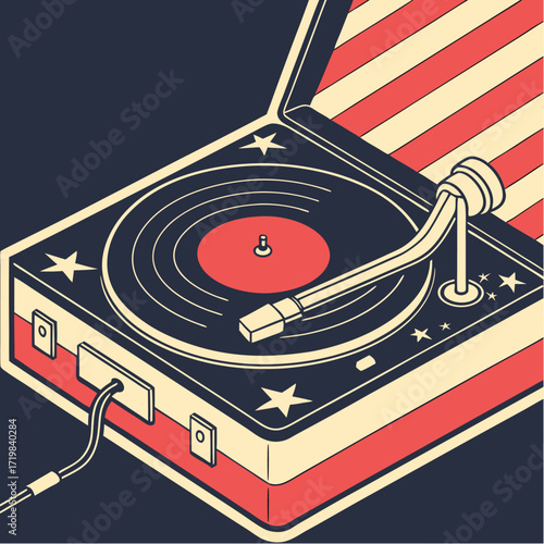 Vintage record player with patriotic American flag stripes evoking nostalgia and retro vibes for music lovers' events or themed celebrations