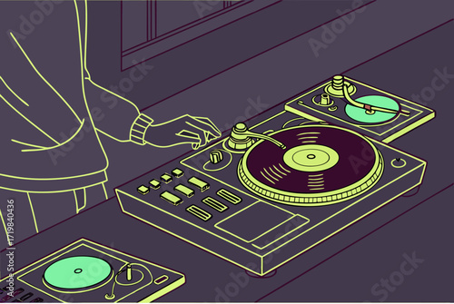 Cool DJ mixing music on vintage turntables, perfect for urban lifestyle, music production, and modern artistic concepts in music, original vector graphics