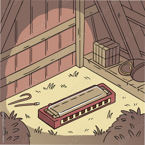 Captivating harmonica still life evoking rustic charm, ideal for musical themes and nostalgic projects, a charming illustration with warm tones