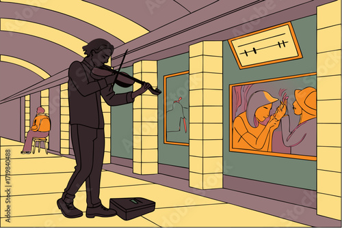 A musician plays his violin in an underground station with vibrant art, creating a unique and artistic atmosphere in the city transit