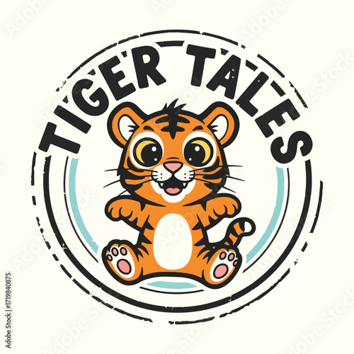 Adorable cartoon tiger cub with big eyes, sitting cheerfully inside a circular badge with "Tiger Tales" text.