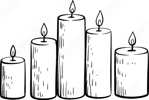 Five burning candles of varying heights flame light