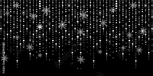 Holiday decoration. Winter season silver ornaments isolated on transparent background. Strings with sparkling glitter stars, snowflakes and balls. For Christmas banners, party posters. Not AI vector.