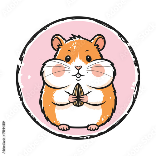 Adorable cartoon hamster with chubby cheeks holding a sunflower seed