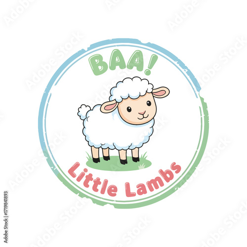 Adorable fluffy lamb with 'Baa! Little Lambs' text in a playful circular design