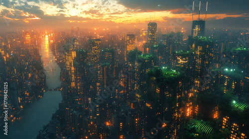 Golden Cityscape at Dusk: A stunning panoramic view of a bustling cityscape at dusk, illuminated by the warm glow of the setting sun and vibrant city lights.