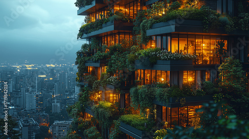Urban Oasis: A breathtaking vision of a skyscraper seamlessly integrated with nature, with lush greenery cascading down its facade. The building is illuminated with warm, inviting lights.