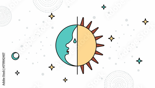 An abstract icon of the sun and moon in the form of a face, symbolizing the spring equinox, in a minimalist design.