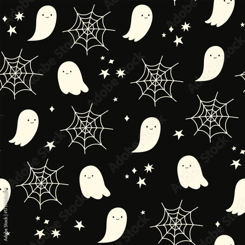 Happy Halloween vector seamless pattern. Cute dog, pumpkin, ghost on a black background. Dog print in flat style.