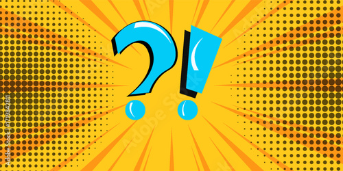 Question mark and exclamation point, blue signs on yellow comic banner in pop art style. Vector
