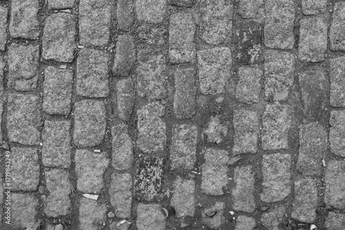 Close-up black and white image of the cobblestone paving of an old street.