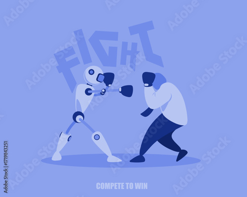 A conceptual illustration depicting a boxing match between a humanoid robot and a human fighter, symbolizing competition, strength, and the clash between technology and human capability.