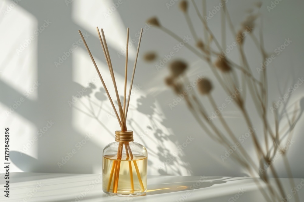 Fototapeta premium Aromatic reed air freshener with essential oil in glass bottle on white table with sunlight and shadow