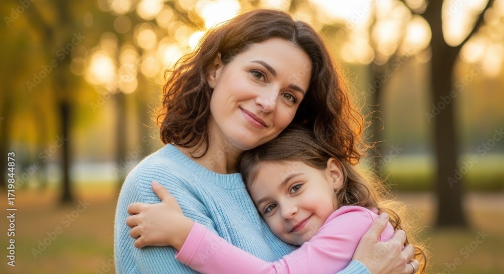 Fototapeta premium A woman and a child embracing in a park during autumn.