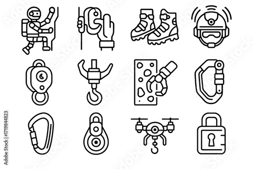 Climbing safety pulley hook wall icon system icons helmet robot shoes robotic