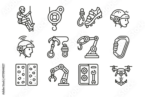 Icon climber arm pulley futuristic automated rope icons gear grappling vector belay
