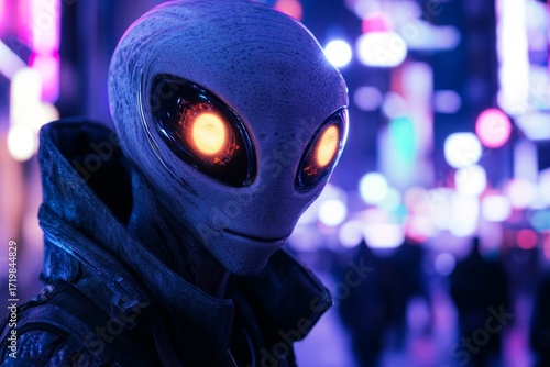 Cinematic shot of an alien with glowing eyes and intricate details, a cyberpunk city background with neon lights, night time setting, depth of field, motion blur, cinematic style, bokeh effect