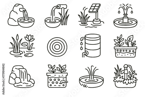 Greenery waterfall eco icon fountain tank rainwater solar vector effect