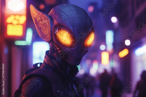 Cinematic shot of an alien with glowing eyes and intricate details, a cyberpunk city background with neon lights, night time setting