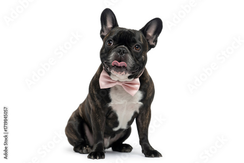 French bulldog wearing bow tie isolated on white background cute pet with pink bow tie licking its nose in studio shot dog portrait