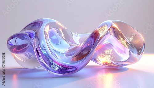 A wavy 3D glass object with a transparent, glass-like texture and a glossy, holographic effect.