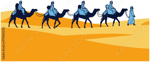 Caravan Walking Through Desert Landscape Vector