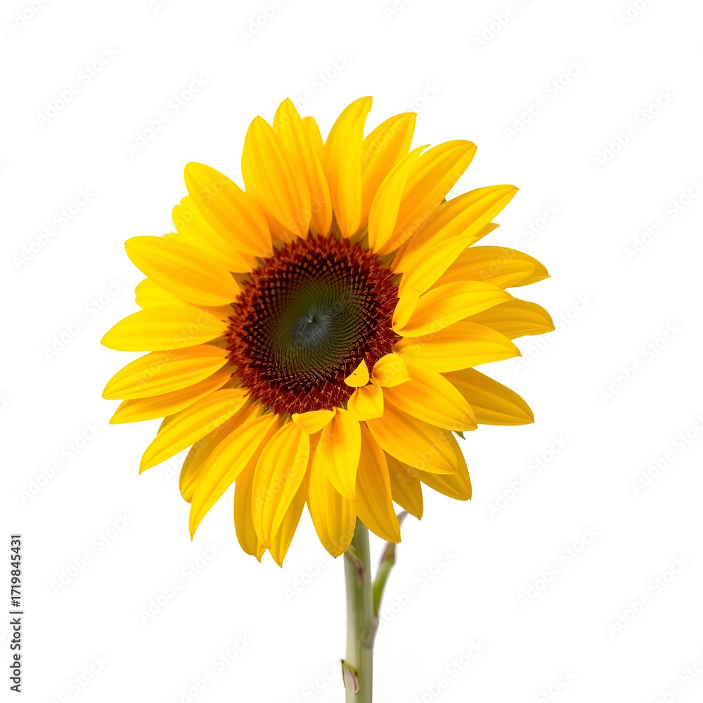 Obraz premium A single bright yellow sunflower with green leaves and stem isolated on transparent background A single bright yellow sunflower with green leaves and stem isolated on transparent background