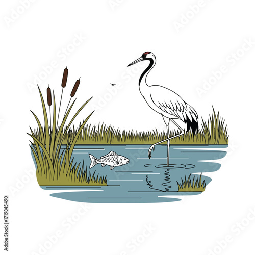 Crane Bird in Lake With Fish Vector