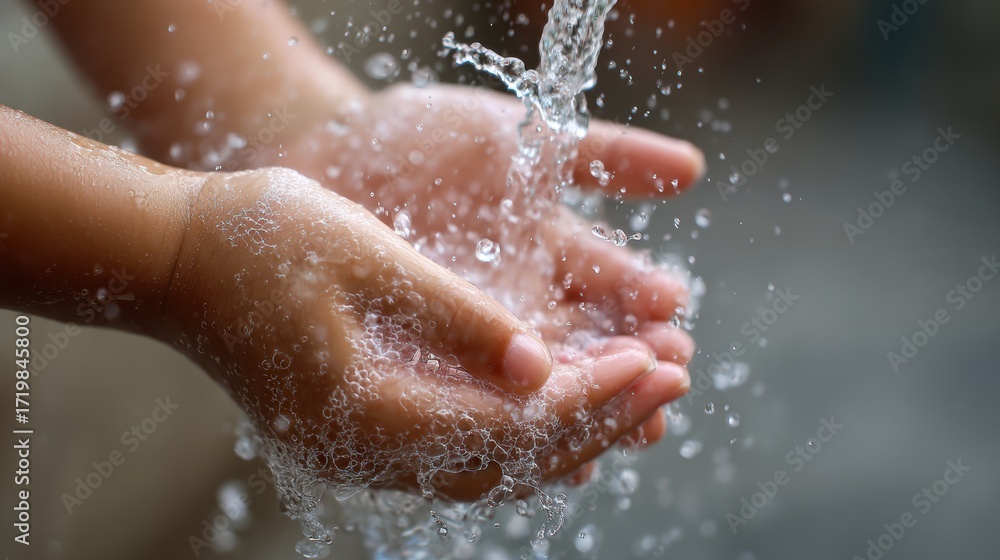 Fototapeta premium little kid hands wash with soap bubbles and rinse with clean water to prevent and stop the spread of germs after back to home, virus or covid19. Good health and good personal hygiene, virus, bacteria