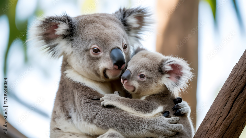 Naklejka premium Closeup of a mother koala carrying her baby on her back while sitting on a tree branch in a natural environment