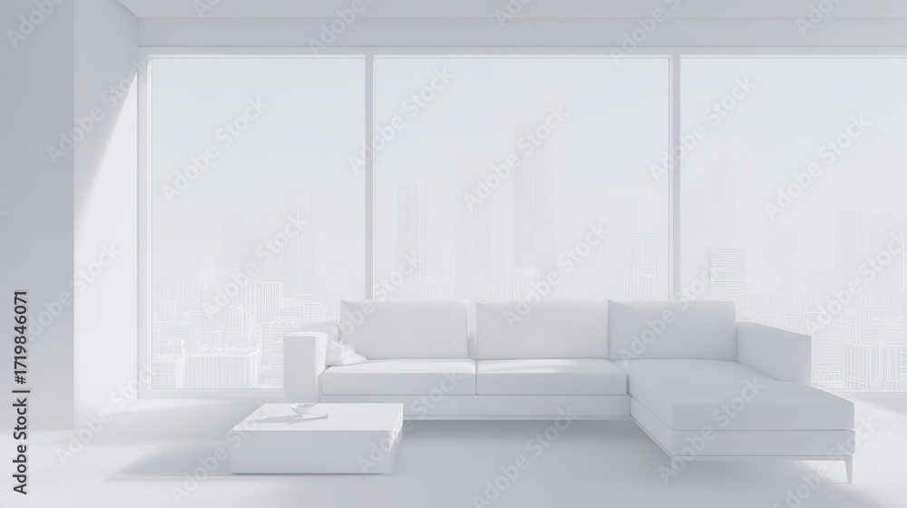 Fototapeta premium residential. Modern living room showcasing minimalist design with clean lines and soft natural light from large windows. lifestyle magazines.