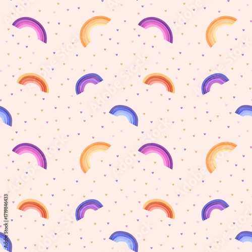 Seamless pattern of rainbows and hearts on a light background